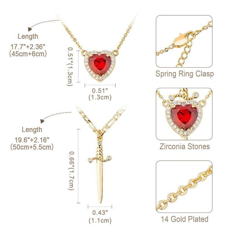 "Passion & Strength" Necklace - Red Crystal Heart Pierced by Gold Sword