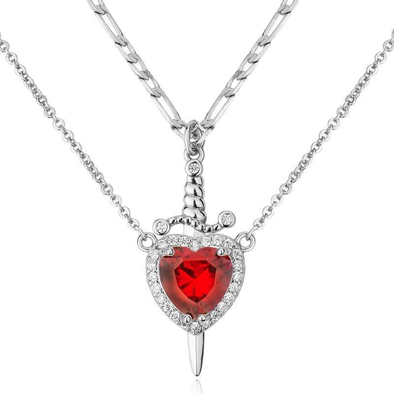 "Passion & Strength" Necklace - Red Crystal Heart Pierced by Gold Sword