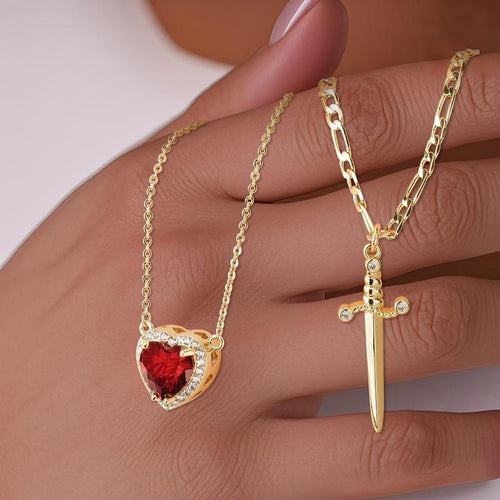 "Passion & Strength" Necklace - Red Crystal Heart Pierced by Gold Sword