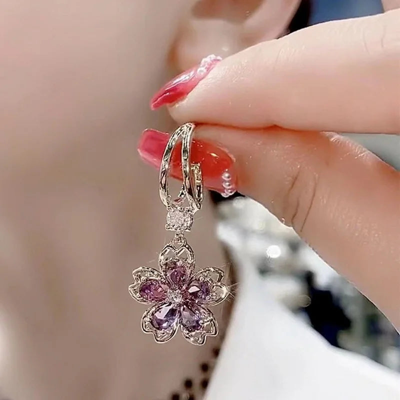 Vintage Elegant Purple Crystal Flower Petal Earrings for Women Shiny Zircon Design Hoop Earrings Jewelry Party Premium Gifts