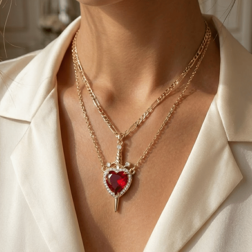 "Passion & Strength" Necklace - Red Crystal Heart Pierced by Gold Sword