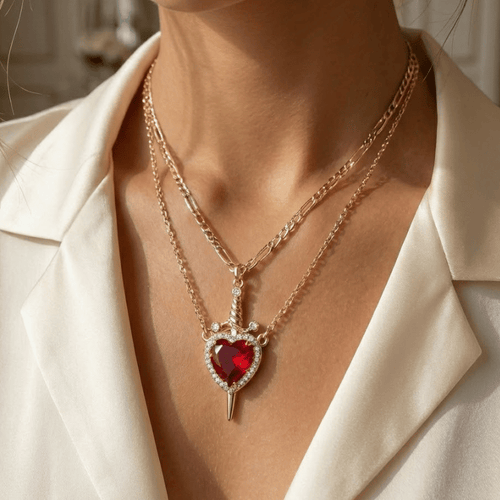 "Passion & Strength" Necklace - Red Crystal Heart Pierced by Gold Sword