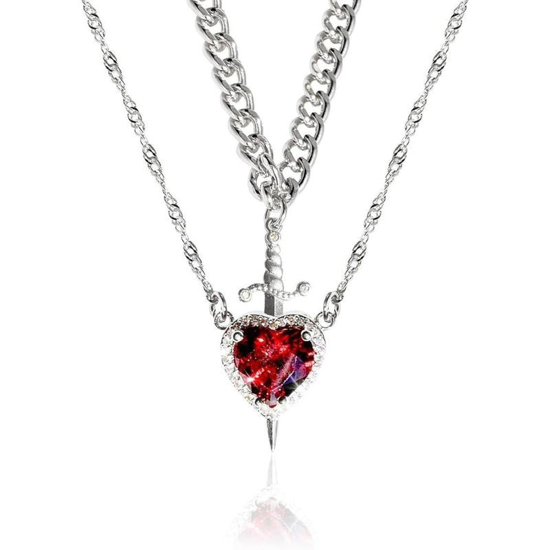 "Passion & Strength" Necklace - Red Crystal Heart Pierced by Gold Sword