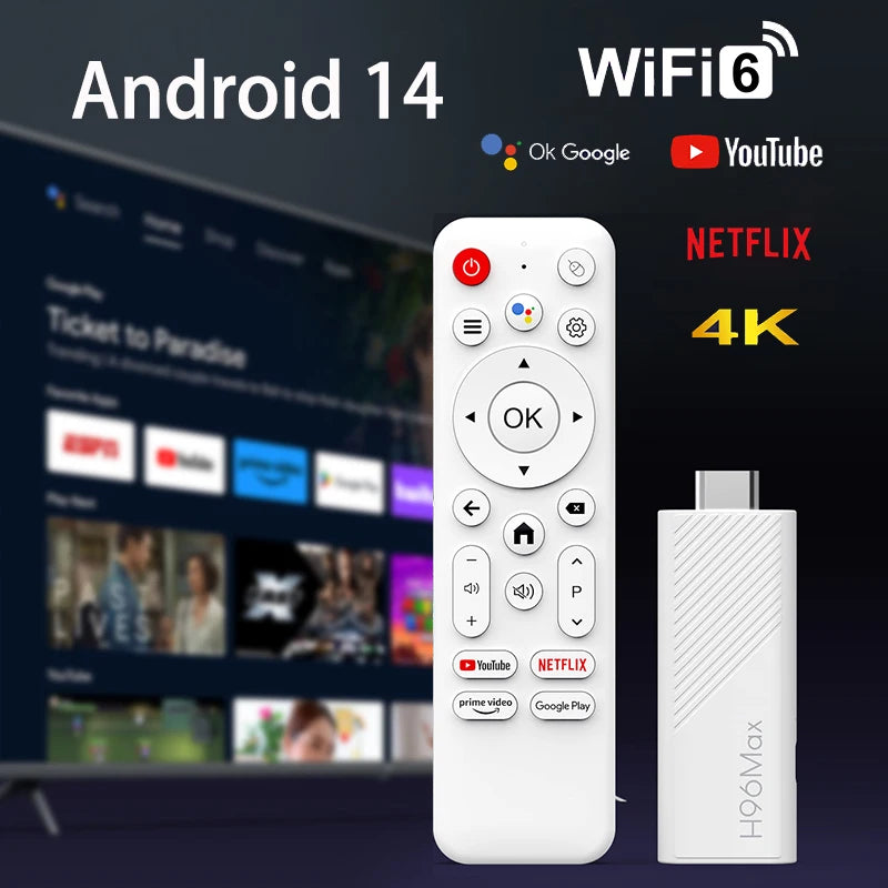  Android 14 TV Stick H96 Max 4K | WiFi 6 & Dual Band (2.4G/5G) | H313 Quad Core Media Player with Voice Control Remote
