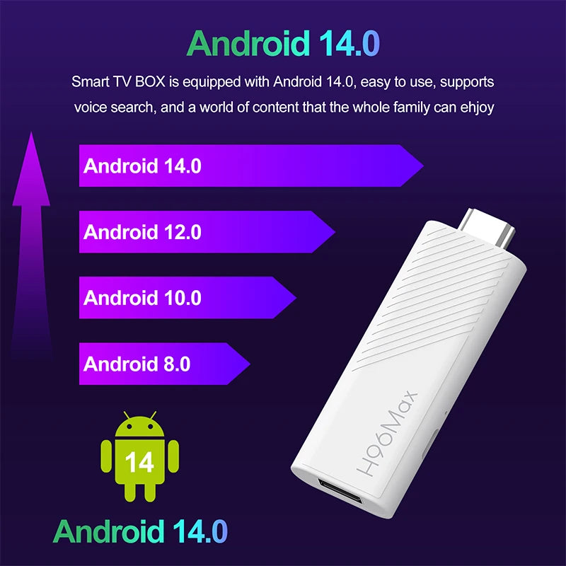  Android 14 TV Stick H96 Max 4K | WiFi 6 & Dual Band (2.4G/5G) | H313 Quad Core Media Player with Voice Control Remote