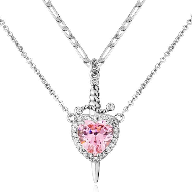 "Passion & Strength" Necklace - Red Crystal Heart Pierced by Gold Sword