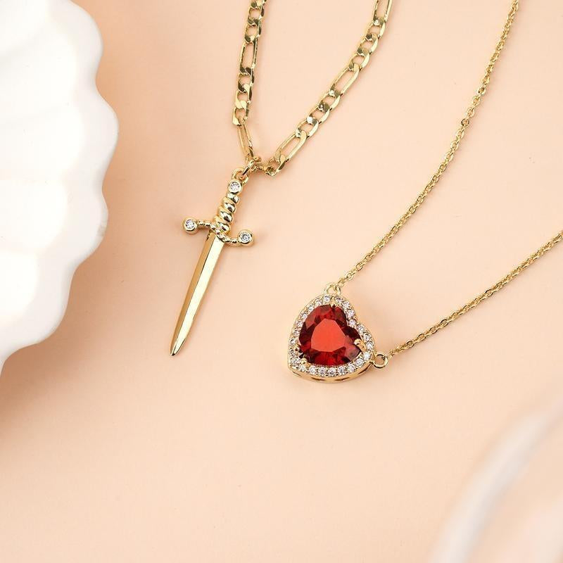 "Passion & Strength" Necklace - Red Crystal Heart Pierced by Gold Sword