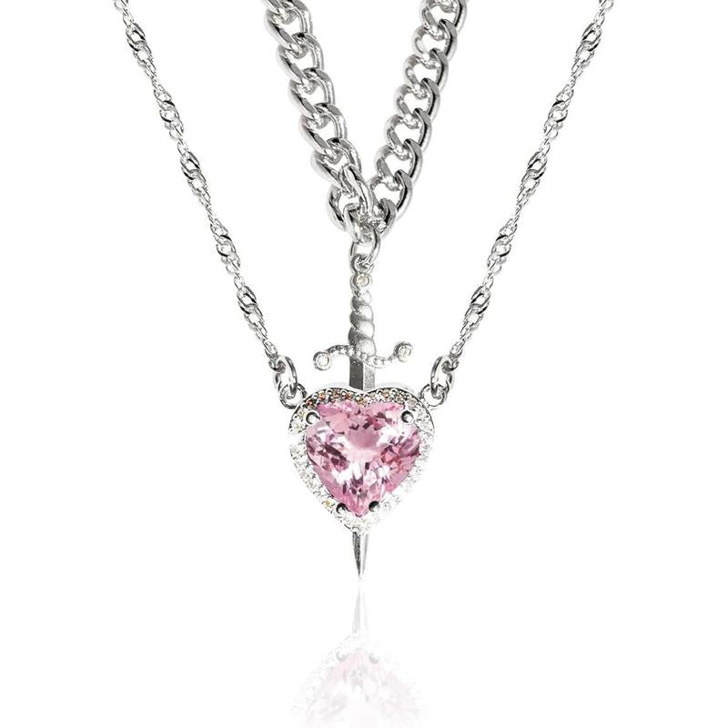 "Passion & Strength" Necklace - Red Crystal Heart Pierced by Gold Sword