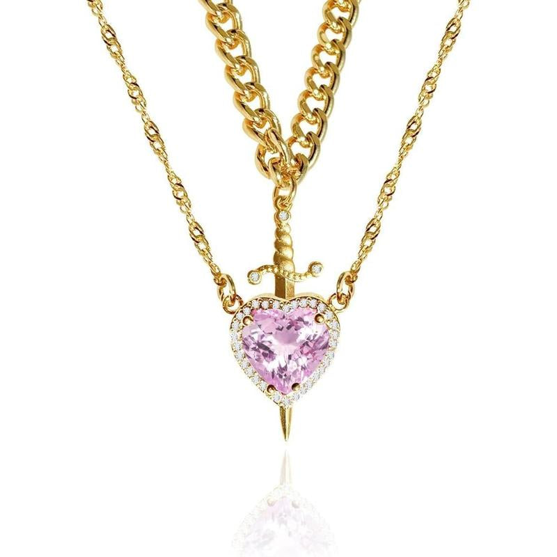 "Passion & Strength" Necklace - Red Crystal Heart Pierced by Gold Sword