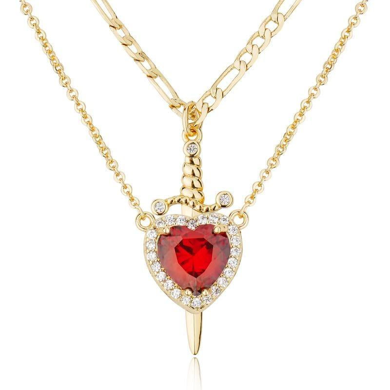 "Passion & Strength" Necklace - Red Crystal Heart Pierced by Gold Sword