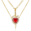 "Passion & Strength" Necklace - Red Crystal Heart Pierced by Gold Sword
