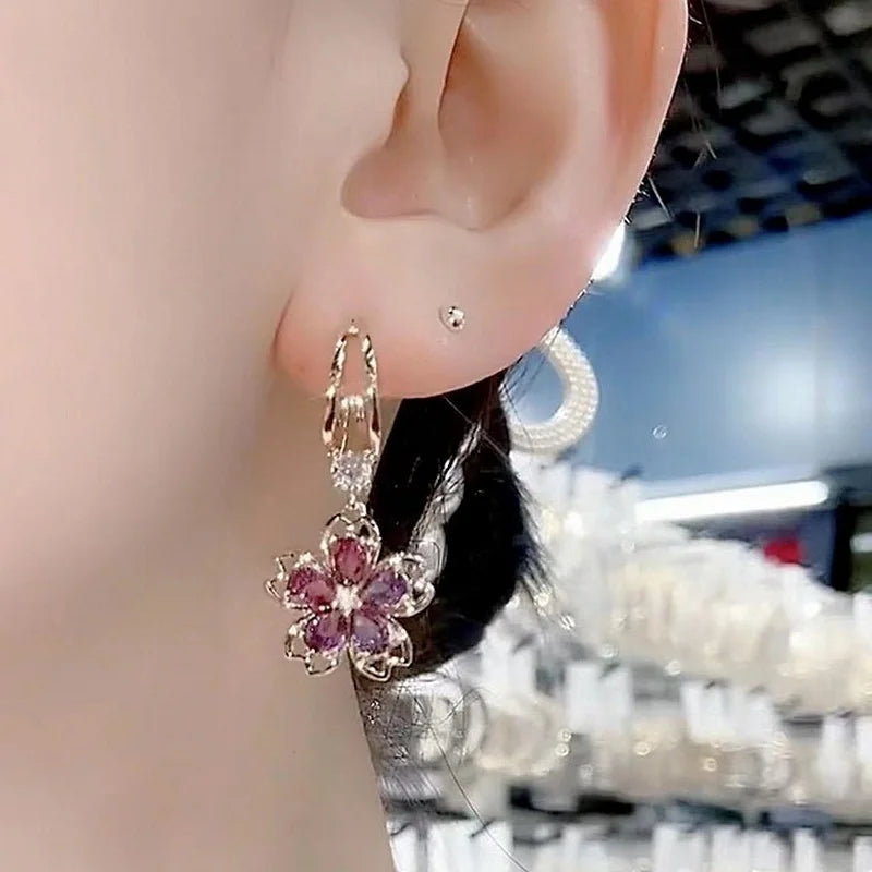 Vintage Elegant Purple Crystal Flower Petal Earrings for Women Shiny Zircon Design Hoop Earrings Jewelry Party Premium Gifts